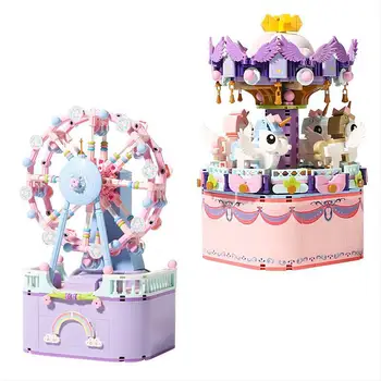 3001-3002 Karuselis Music Box Mini Granulu Celtniecības Bloku Meitene Rotaļlietu Mini Celtniecības Bloku Rotaļlietas Meitenēm Dzimšanas dienā DIY Dāvanu Klāt
