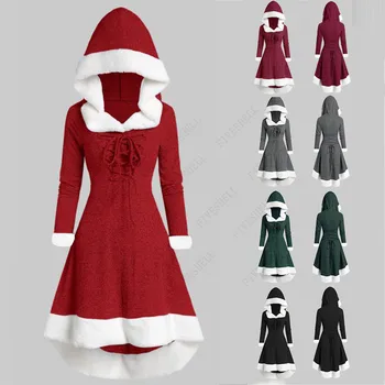 2023 Ziemassvētku Dāma Rudens Ziemas Vintage garām Piedurknēm Plīša Raibs Vintage Kleita Vakara Kleita Ar Cepuri Plus Izmērs 3XL Kleita