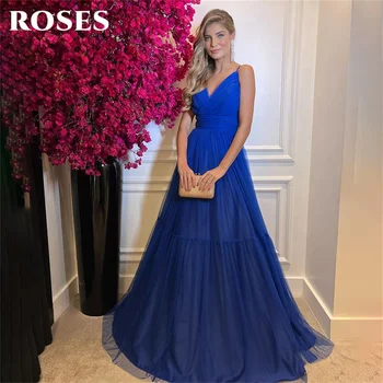 ROZES Royal Blue Line vakarkleita Tīrās Eleganti Balles Kleitu ar V veida Kakla Piedurknēm Spageti Siksnas Vakara Kleita halāti de soirée