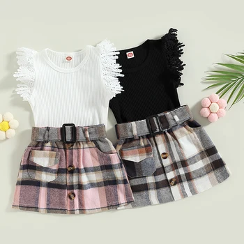 Todder Baby Girl Apģērbu Vasaras Mežģīnes, Mežģīņu Piedurknēm Salātu T Krekls Top Mini Pleds Svārki ar Jostu Vasaras Modes Apģērbs