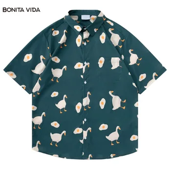 Vīrieši Streetwear Krekls Hip Hop Pīļu Olu Īsām Piedurknēm Pogas Harajuku Havaju Salu Pludmales Krekli 2023 Modes Gadījuma Zaudēt Vasaras Top