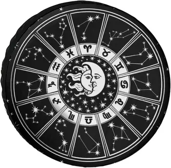 Aplis ar Zodiaka Zīmes Saule, Mēness, Zvaigznes, Melna Balta Riepu Segtu Ūdensizturīgs Universālo Rezerves Riteņa Oxford Putekļu Necaurlaidīgs Aizsargi