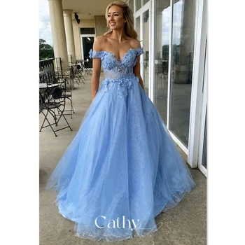 Cathy Spīguļi, Baby Blue Puse Kleita Pie Pleca, vakartērpi, Spīdīga-line Vestidos De Noche Mežģīnes, Izšuvumi Balles Kleitu 2023