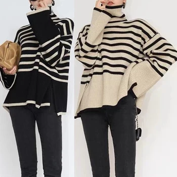 Modes Sieviešu Džemperi 2023 Džemperis Ar Augstu Apkakli Pamata Džemperi Horizontālās Svītrās Loose Fit Sānu Spraugas, Brīvdienu Apģērbs