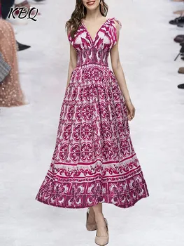  KBQ Elegants drukāšanas Backless kleita Sieviešu V Kakla bez Piedurknēm, ar Augstu Vidukli Tunika Līnijas, kleita Sieviešu Vasaras Modes Apģērbu