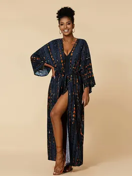 2023 Bohēmijas Tie krāsošanas Svītrainām Gara Tunika Sexy Kimono Kleita Pavasara/Rudens Sieviešu Plus Lieluma Pludmales Valkā Elegants Svītraina Kleita Q1314