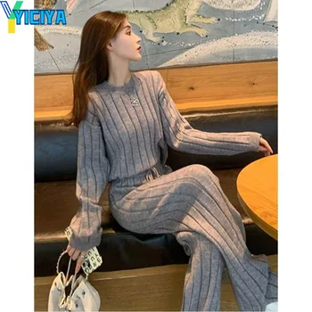 YICIYA elsas komplekti, Trikotāžas, divas gabals, kas sievietēm korejas modes high street jaunu divu gabals Džemperi Top sieviete Adīt Bikses komplekti