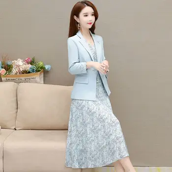 Sieviešu Kleita Uzstādīt 2023 Pavasara Vasaras Jaunā Modes Ziedu Uzvalks Jaka+šifona Svārki Divi-korejiešu gabals Gadījuma Bleizeri atbilstības Komplekti