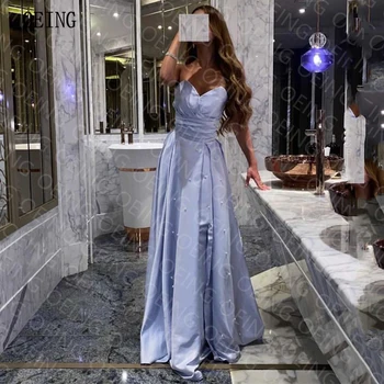 OEING Blue-line Mīļotā Pērles Satīna Oficiāla Vakara Kokteilis Puse Kleitas bez Piedurknēm, Grīdas Garums Līdz 2023. Vestidos De Fiesta