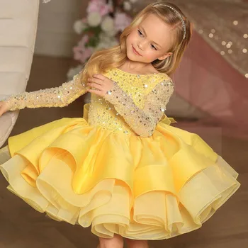 Princese Mirdzoša Sequin Maz Puķu Meiteņu Kleitas Pure Color Long Sleeve Bērniem Dzimšanas Dienas Tērpiem Gudrs Meita Puse, Balles Kleitas