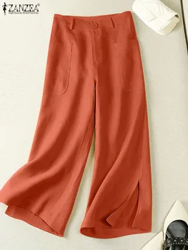 ZANZEA Vasaras Plaša Kāju Elsas tīrtoņa Krāsu Tīras Kokvilnas Bikses Sieviešu Ikdienas Potītes Garuma Bikses Sieviete Vintage Streetwear Pantalon