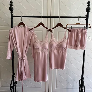 4GAB Sieviešu Rozā Satīna Pidžamas Komplekts Mežģīņu Miega Uzvalks Pijama Mājas Nightie Sexy V-Neck Sleepwear