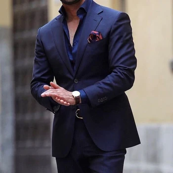 Žakete Tumši Zilā Vīriešu Uzvalks Modes Pavasarī 2 Gabals(jaka+bikses) Iegriezumu Atloks Vienu Krūtīm, Slim Fit Biznesa Kostīms Homme
