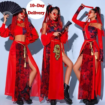 Ķīniešu Stila Sieviešu Džeza Sniegumu Drēbes Sarkanā Svētku Tērpiem, Hip Hop Apģērbu Pieaugušajiem Gogo Deju Skatuves Tērpiem