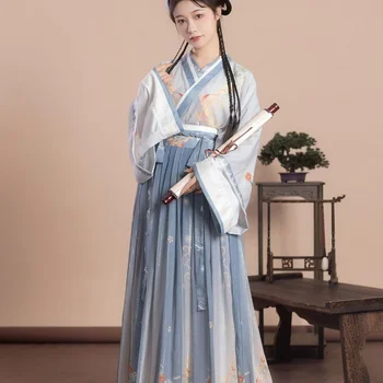 Ķīniešu Stilā Sievietēm Eleganto Hanfu Kleitas Seno Tradicionālo Weijin Dinastijas Deju Skatuves Puses Kostīmi Ziedu Drukāt Pasaku Komplekti