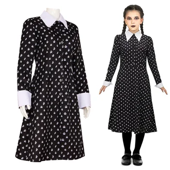 Halloween Bērniem Trešdiena, Cosplay Kostīmu Sieviete, Meitene Addams Cosplay Kleita Tērpiem Vintage Black Gothic Apģērbu Apdrukāšana