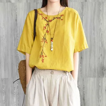 Sieviešu Apģērbs Vintage Izšuvumi Savienoti Apaļu Kakla Topi Vasaras Zaudēt Modes Īsām Piedurknēm Visu maču T-krekls sievietēm