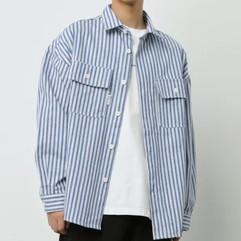 Vintage Classic Svītrainām Krekls Vīriešu Apģērbu Japāņu Jaunu Zaudēt Universāls Ikdienas Krekls Mēteļi Dubultā Krūšu Kabatām Kokvilnas Krekli