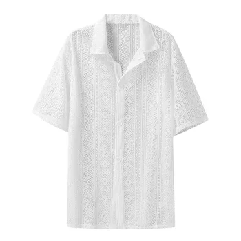 Vīriešu Vasaras Gadījuma Pogu uz Leju, T Krekls Pusi Piedurknēm Ģeometrisko Modeļus Drukāt Krekli Loose Fit Topi