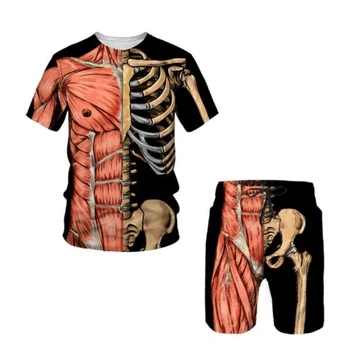 Galvaskausa skelets 3D Drukas Vīriešu Uzvalku Vasaras Īsām Piedurknēm T-krekls + Šorti 2 Gabals, kas Ikdienas Sporta Halloween Cosplay Kostīms