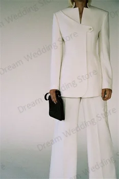Baltās Sievietes Tērps 2 Gabali Žakete+Plaša Kāju Bikses Oficiālu Kāzu Tuxedos Modes Vienu Pogu Jaka Pielāgotus, Puse Prom Kleita