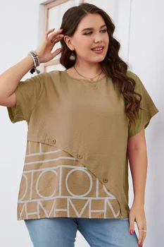 Plus Lieluma Brīvs T-krekls Sieviešu Īsām Piedurknēm Apkalpes Kakla Modes Uzliku Sieviešu 2023 Vasarā Jaunas Liela Izmēra Gadījuma Līmēšana Topi