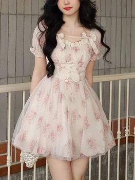 Vasaras Ziedu Saldu Mini Kleita Sievietēm Drukāt Elegants Franču Pasaku Kleita Sieviešu Korejas Modes Cute Puse Mini Kleita Vasaras 2023