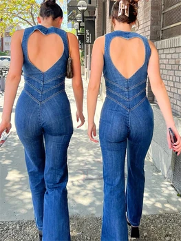 Vasaras Apģērbs Sievietēm 2023 Backless Sirds Izgriezums Bodycon Jumpsuit Gadījuma Piedurknēm viengabala Tērpiem Retro Džinsa Jumpsuits