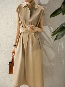 Elegants Kleitas, Sieviešu Polo Apkakle Vērtnes Midi Kleitu Kabatas Modes Cietā Ikdienas Biroja Dāma Vintage Sieviešu Vasaras Kleita