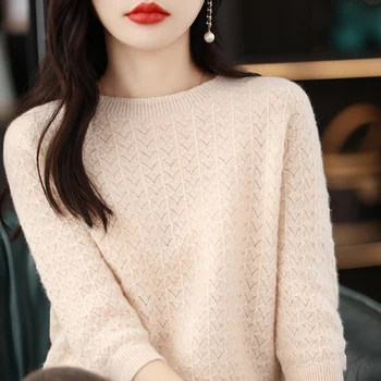 Pavasarī un vasarā jauns 100% vilnas sieviešu O-veida kakla īsām piedurknēm džemperis, T-krekls dobi-no adīšanas plānais džemperis džemperis 6 krāsas