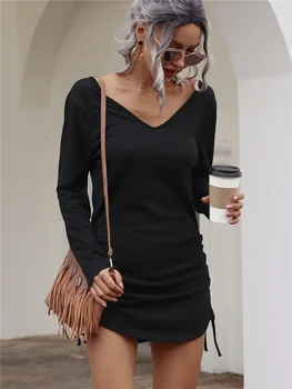 2022. gada Pavasarī Sexy Sieviešu Kleita Melna ar garām Piedurknēm V-veida kakla Aukliņu Bikses, Kleitas, Sieviešu Jaunu Cieto Ikdienas Modes Apģērbs Dāmas