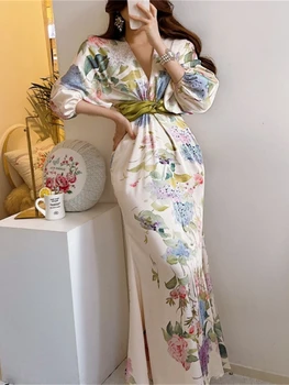 Pavasara Japānas Stila Elegants Ziedu Midi Kleita Sievietēm Vintage Šiks Bodycon Puse, Dzimšanas Dienas Vestidos Sieviešu Modes Vienu Drēbes Gabalu