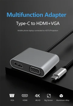 Tipa-C HDMI 4k 60hz+VGA 1080P Converter Vadu Klēpjdatoru, Mobilo Telefonu, Planšetdatoru Projekcijas Ekrāns USB Expander