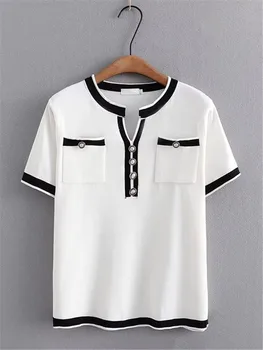 Plus Lieluma Sieviešu Apģērbu Vasaras Tshirt thin Stretch Džersija T-Krekls Melnā Un Baltā Kontrasts Raibs Top Džemperis Ar Pogu