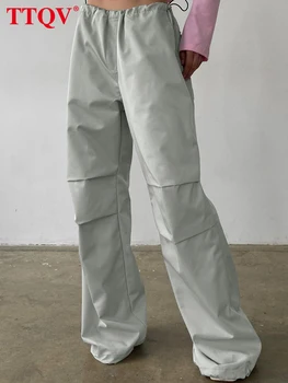 TTQV Modes Pelēkā Aukliņu Bikses Sievietēm 2023 Vintage Cietā Pilna Garuma Bikses Streetwear Gadījuma Zemu Starām. Sieviešu Bikses