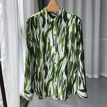2023 Pavasarī un Vasarā Jauns Krekls Sievietēm Zaļā Akvarelis Drukāšanas Sandwashed 100% Zīda Krekls