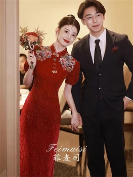 Ķīniešu Stilā Bordo Ziedu Izšuvumu Cheongsam Līgava Mežģīņu Kāzu Kleita Grauzdiņš Apģērbu Balli Puse Kleitas